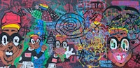 a painting of a group of people with graffiti on the wall