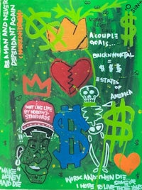 a green painting with a lot of money on it